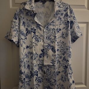 Blue and White Floral Collared Shirt